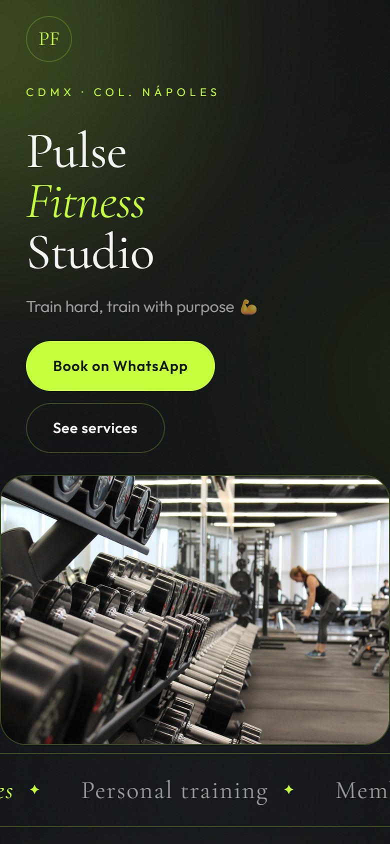 Pulse Fitness Studio — a real HMU Link digital card