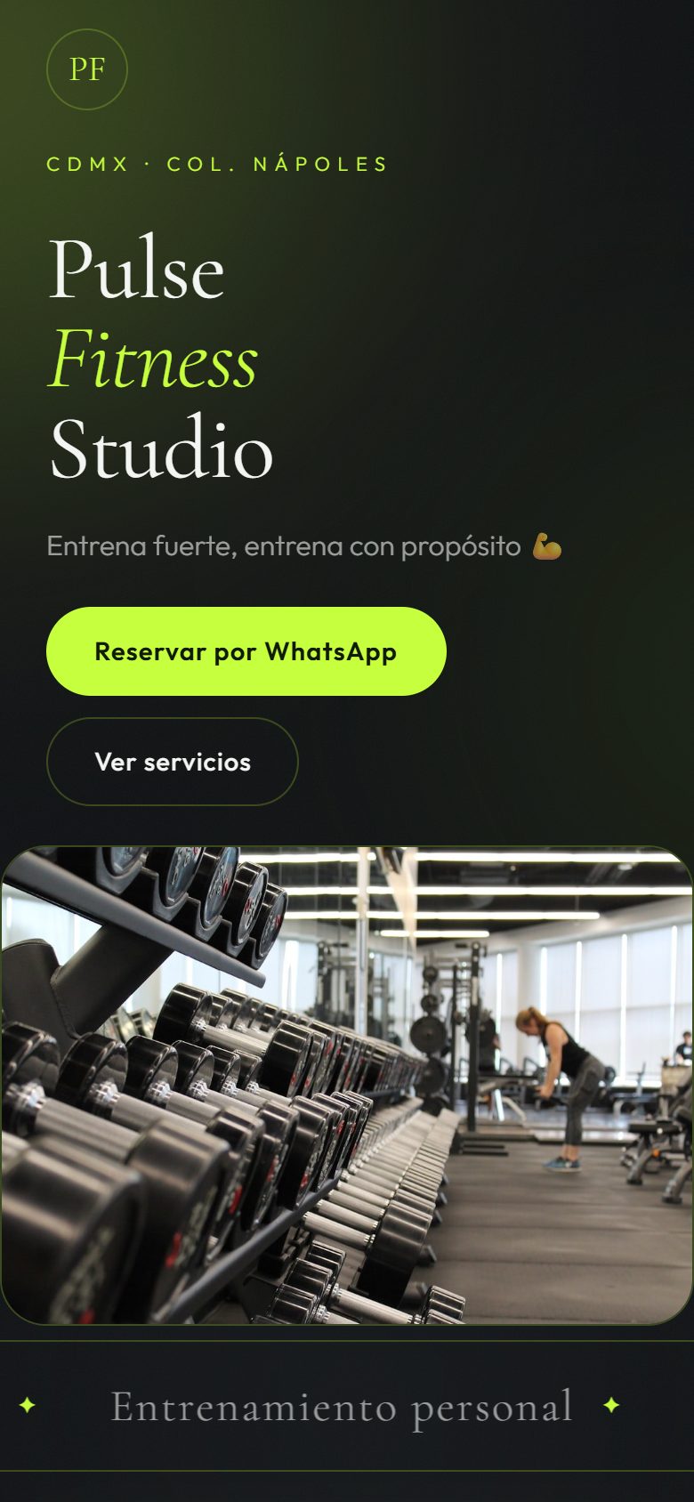 Pulse Fitness Studio — una tarjeta digital real de HMU Link