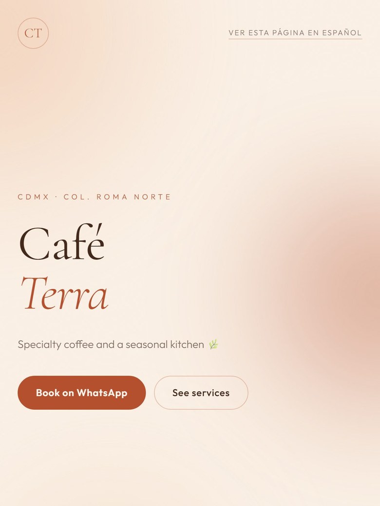 Real screenshot of the Café Terra demo, Terracotta Warm style